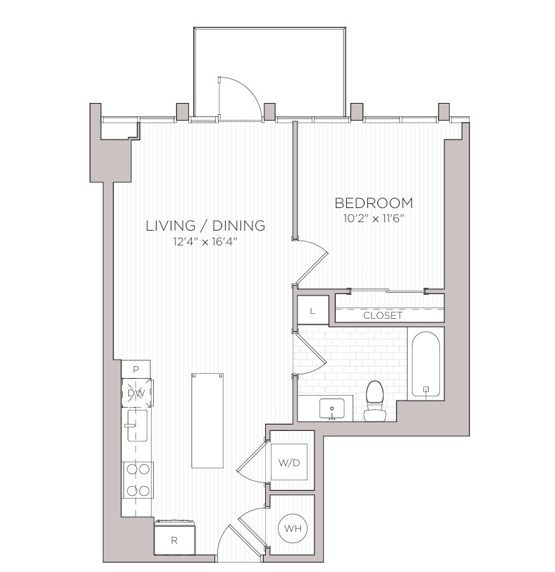 Floor plan for 1 bed, 1 bath, 637 sqft